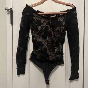 Bebe lace black and nude off the shoulder bodysuit